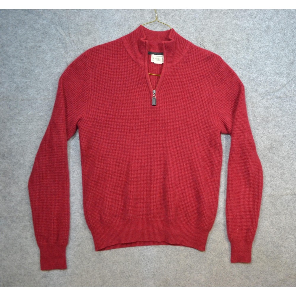 VTG L.L. Bean Sweater Men M Red Pure Cashmere 1/4 Zip Waffle Mock Neck Hong Kong